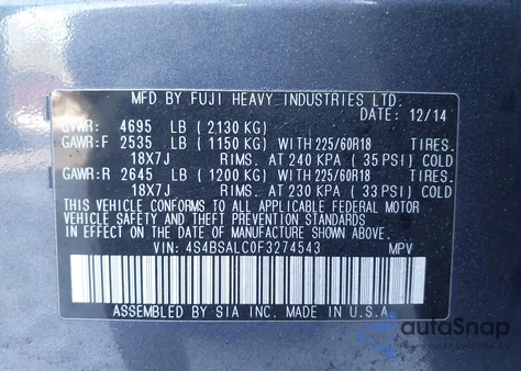 2015 Subaru Outback 2.5I Limited from USA, damaged, VIN 4S4BSALC0F3274543